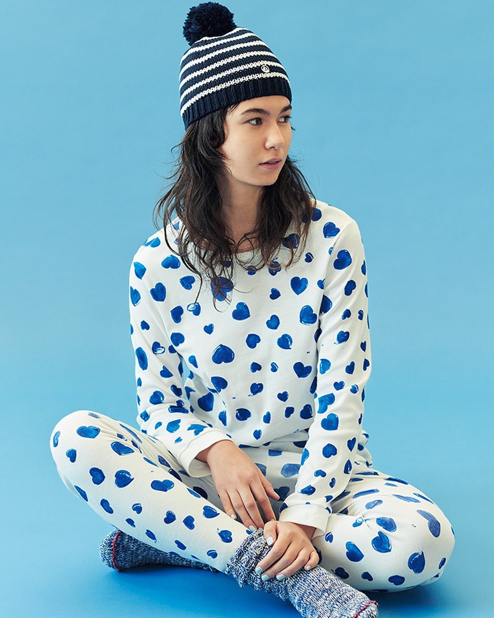 プチバトー ブルー ハート 青 18ans 長袖 パジャマ ルームウェア 上下 petit bateau プチバトー ハート パジャマ ルームウェア ブルー 青