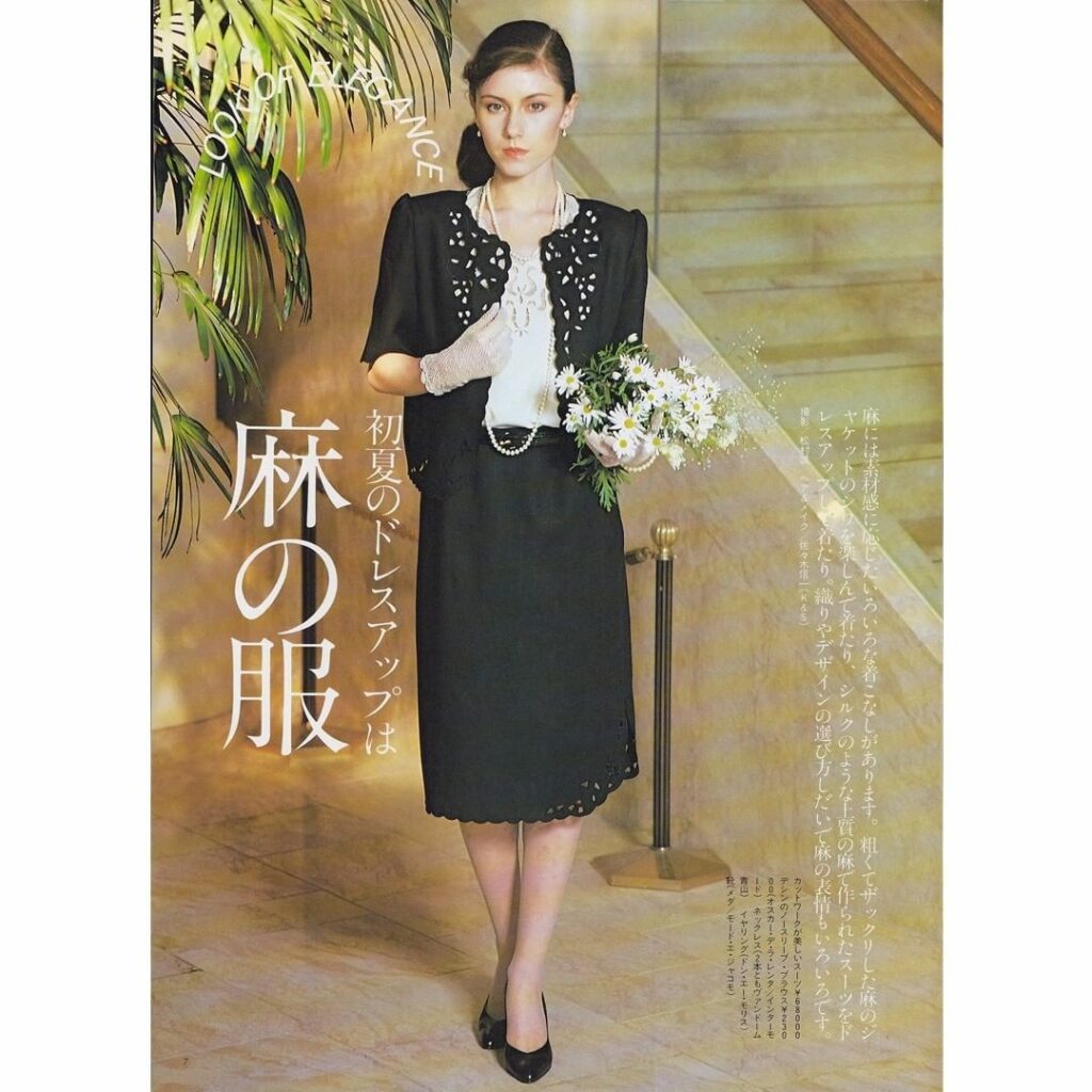 80年代の夏の巻頭特集で、よくテーマに取り上げられる「麻」のファッション。
当時のサマーフォーマルスタイルには欠かせないアイテムです。

昔は麻素材のジャケット