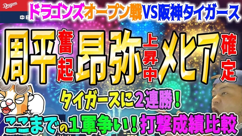 【中日ドラゴンズ】タイガースに連勝!高橋周平いよいよ目覚め?!メヒア開幕ローテ確定投球!ここまでの打撃争い比較【祝勝会ライブ】 【中日ドラゴンズ】タイガースに連勝!高橋周平いよいよ目覚め?!メヒア開幕ローテ確定投球!ここまでの打撃争い比較【祝勝会ライブ】