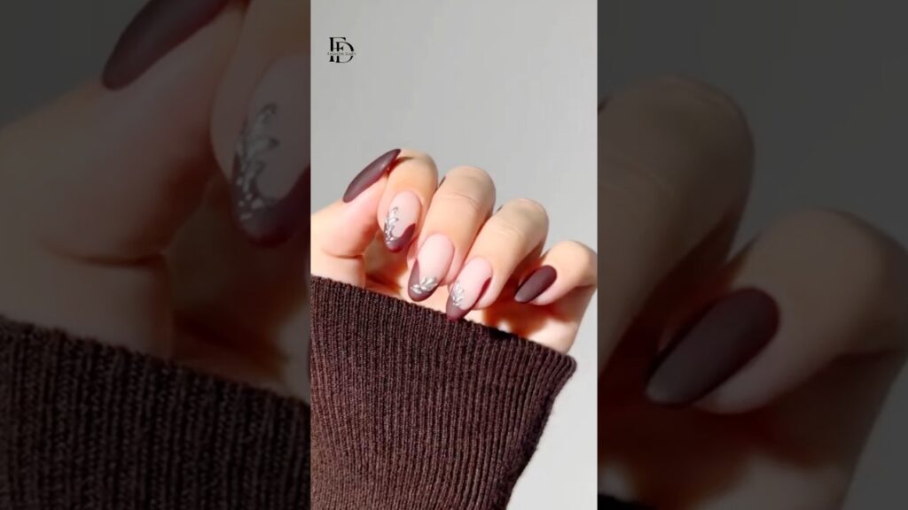 burgundy silver leafs nail art #shorts #youtubeshorts #viral