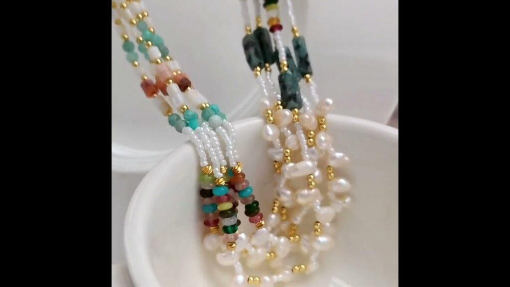 T1795 ●レディース　金属アレルギー対応　天然石×天然パールMIXボヘミアンネックレス　銅/18kgp  ●#jewelry #accessory #仕入れ #卸し #天然石 #ネックレス