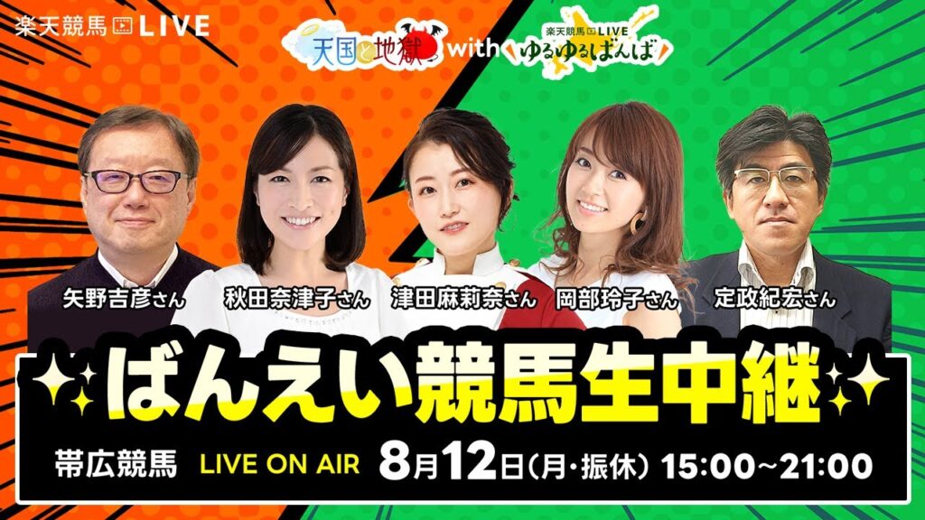楽天競馬LIVE：天国と地獄 with ゆるゆるばんば　出演者：津田麻莉奈さん、岡部玲子さん、秋田奈津子さん、矢野吉彦さん、定政紀宏さん