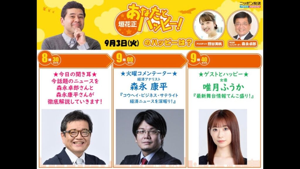 20240903 森永卓郎、康平親子。植田総裁の追加利上げは「暴挙」　物価対策や雇用対策を「放棄して金融村の手先になっている」　垣花正あなたとハッピー！