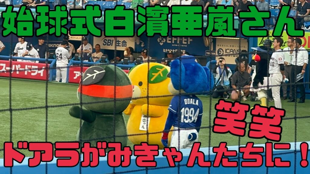 ドアラが、みきゃんたちは怒です笑ヤクルトスワローズ始球式白濱亜嵐さん（2024年8月13日）