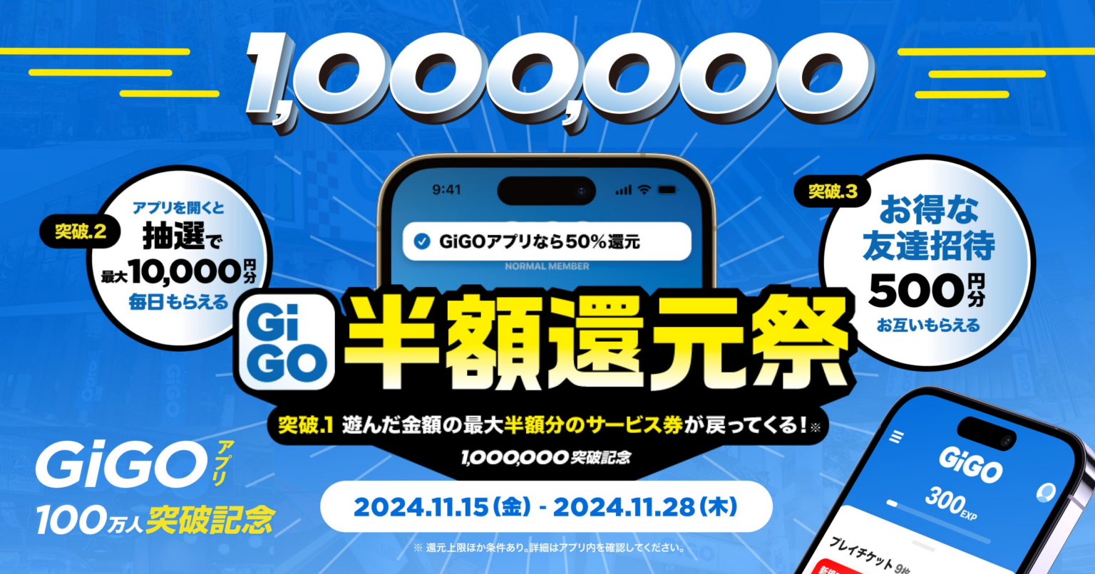 最大半額還元&毎日抽選も!「GiGOアプリ100万人突破記念キャンペーン」開催!開催期間:2024年11月15日(金)~11月28日(木) | 株式会社GENDA GiGO Entertainmentのプレスリリース 最大半額還元&毎日抽選も!「GiGOアプリ100万人突破記念キャンペーン」開催!開催期間:2024年11月15日(金)~11月28日(木) | 株式会社GENDA GiGO Entertainmentのプレスリリース