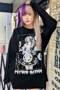 寝田ルネ×PSYCHO NATION(サイコネーション) メイドL/S TEE - Black