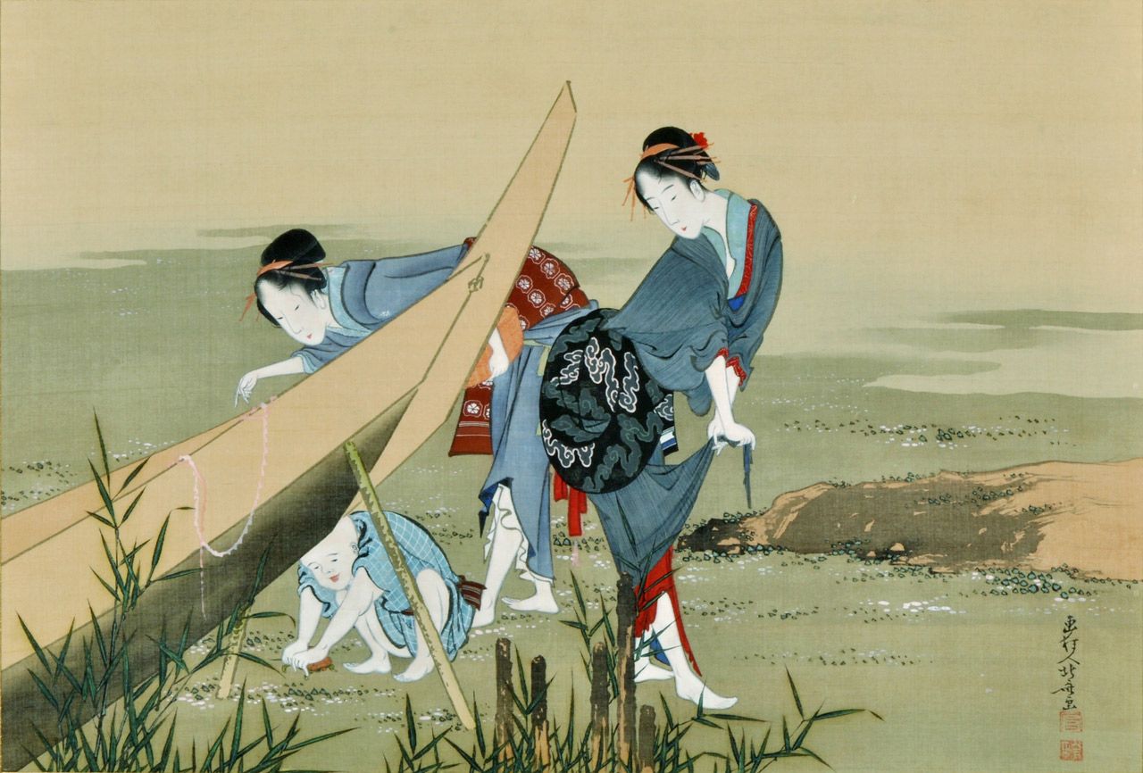 葛飾北斎 潮干狩図 絹本着色 32.5 × 47.9 cm | 角匠
