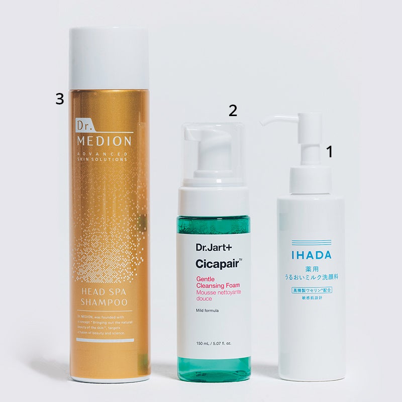 1.イハダ 薬用うるおいミルク洗顔料　2.ドクタージャルト　シカペア ジェントル クレンジングフォーム　3.ドクターメディオン ヘッドスパ シャンプー