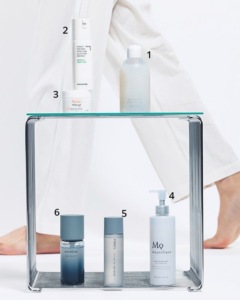 1.コスメデコルテ　薬用 マイクロバーム ローション　2.フォレストフォーメン PC オールインワン エッセンス　3.アベンヌ ミルキージェル EX　4.マニフィーク ブライトニング ジェル　5.メン オールインワン ウォーター　6.アスタリフト メン モノム モイスチャライザー