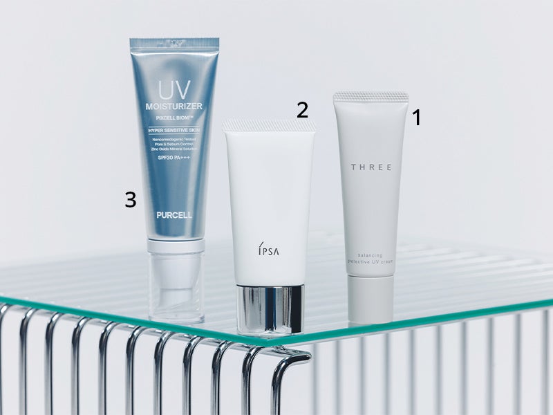 1.THREE　バランシング プロテクティブ UV クリーム　2.イプサ　プロテクター センシティブex　3.パーセル ピクセルバイオーム UVモイスチャライザー