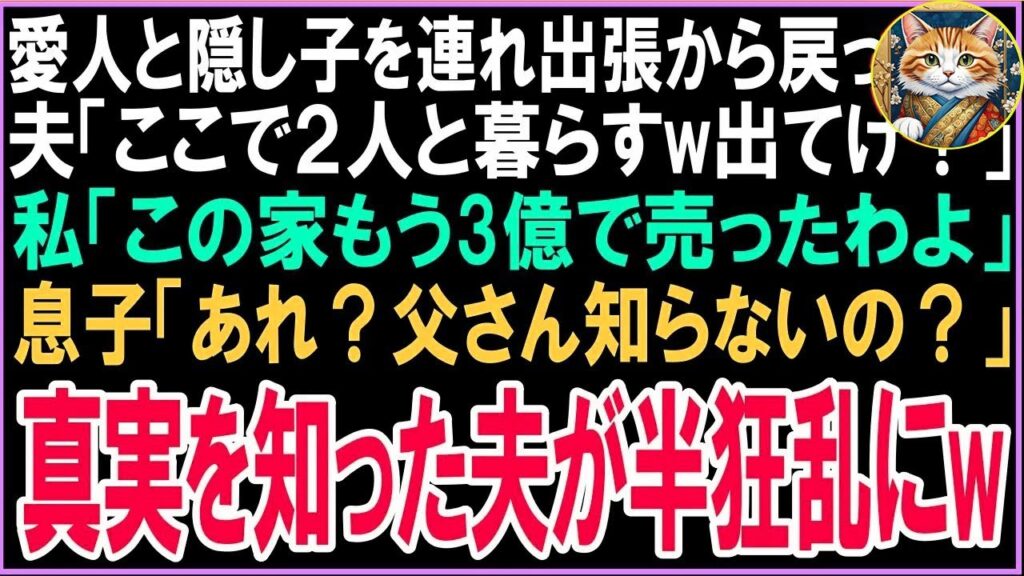 【スカッとする話】🌟 愛人と隠し子を連れ出張から戻った夫「ここで２人と暮らすw出てけ！」私「この家もう3億で売ったわよ」息子「あれ？父さん知らないの？」真実を知った夫が半狂乱にw（朗読）
