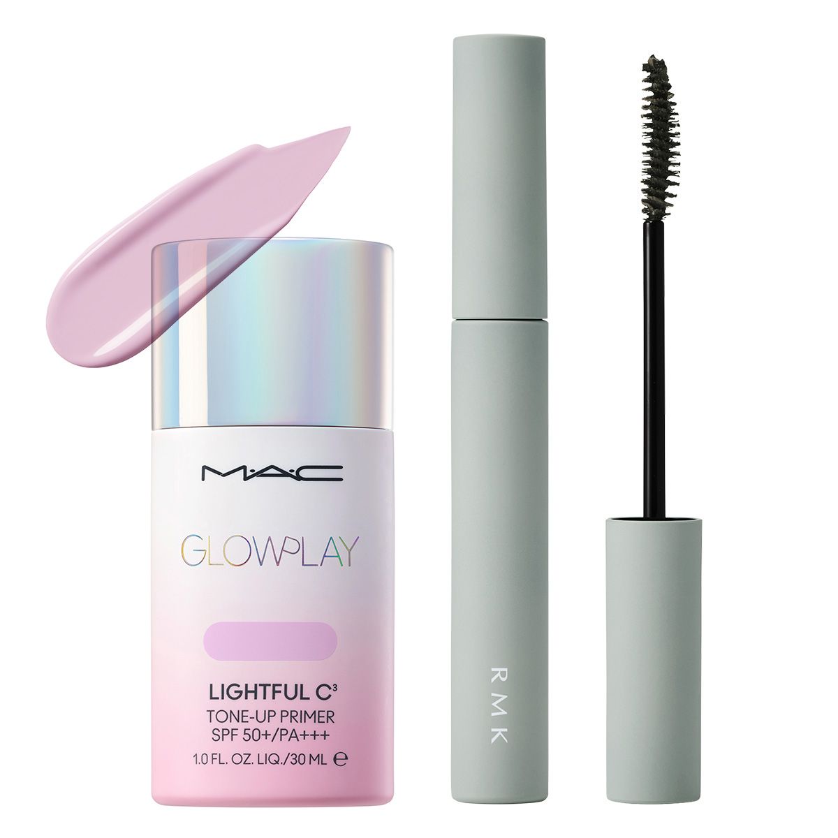 〈左〉清涼感漂うラベンダーカラー。グロー プレイ ライトフル C3 トーン アップ プライマー SPF50 ライトリー ラベンダー SPF50・PA 30ml ¥6270／M・A・C（メイクアップ アート...
