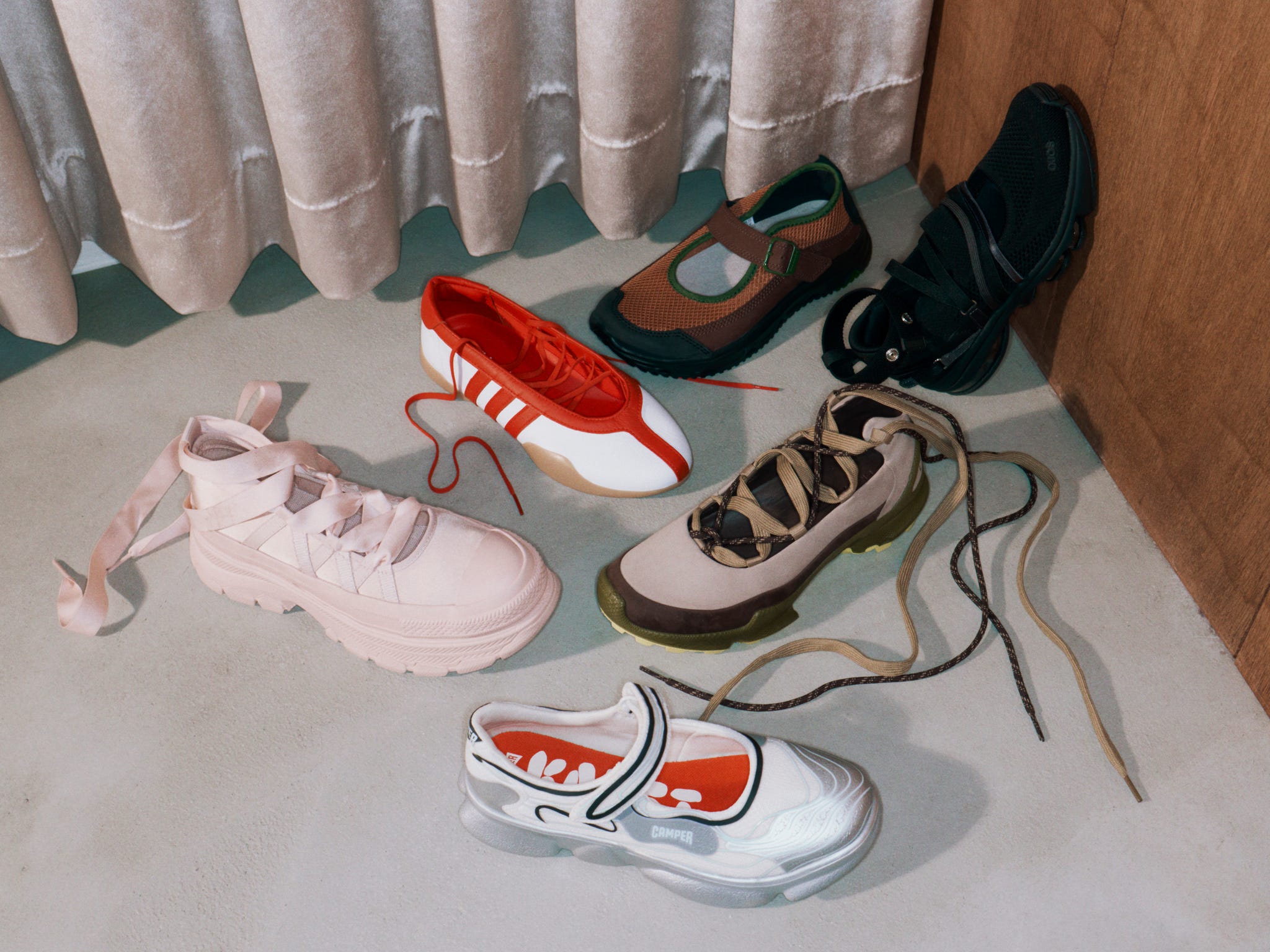 photoshoot of ballet style sneakers