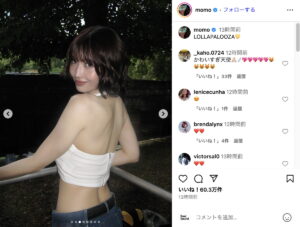 TWICE MOMO、鍛え抜かれた腹筋／背筋際立つ『Lollapalooza』オフショ　憧れの姿に「顔スタイル全部好き」「かわいすぎ天使」 - Real Sound｜リアルサウンド