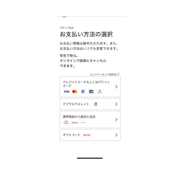 Netflix 支払い方法の選択 画面