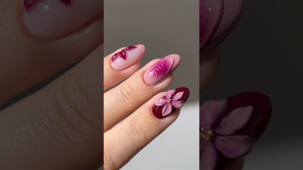 🥀🌸🍷 バーガンディの秋の花柄ネイル