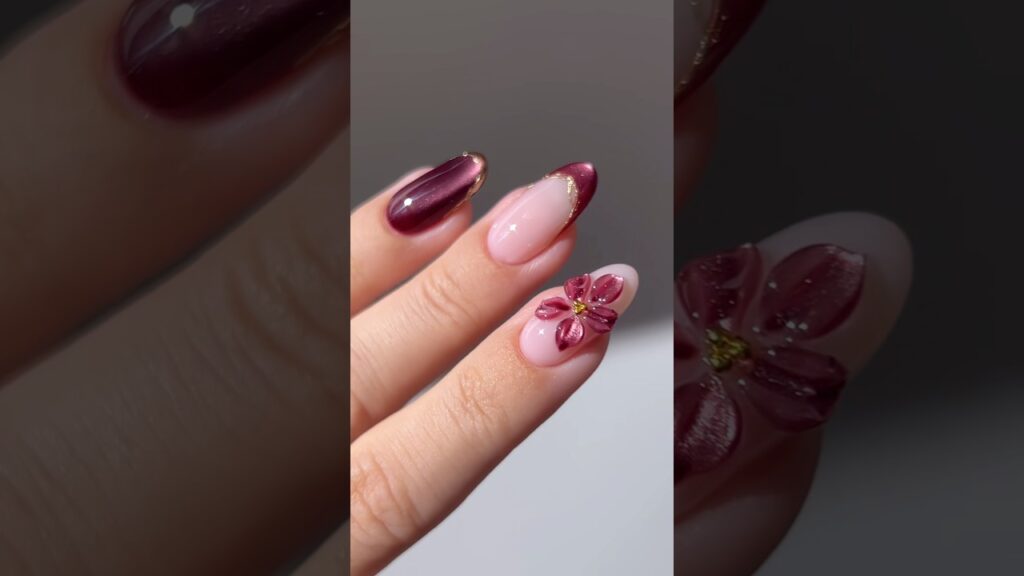 🍷🥀✨ burgundy glass floral #nails #nailart #naildesign