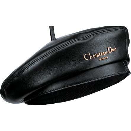 black leather beret with christian dior branding