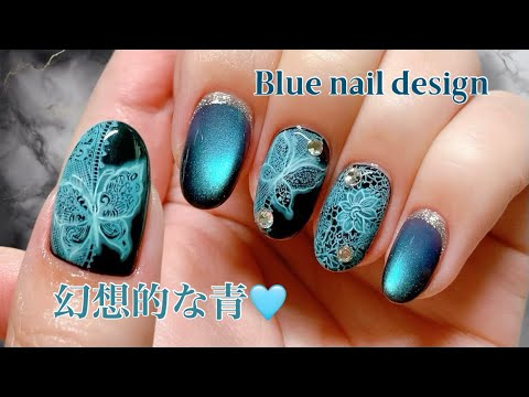 スタンピングネイル✨蝶々🦋レース柄ネイルデザイン🩵