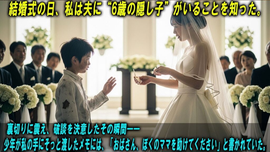 結婚式の日、夫に“6歳の隠し子”がいることを知った。 破談にしようとしたその瞬間、少年が私の手にそっと差し出したメモには――「おばさん、ぼくのママを助けてください」と書かれていた。 結婚式の日、夫に“6歳の隠し子”がいることを知った。 破談にしようとしたその瞬間、少年が私の手にそっと差し出したメモには――「おばさん、ぼくのママを助けてください」と書かれていた。
