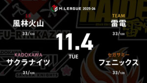 永井孝典 VS 岡田紗佳 VS 浅井堂岐 VS 黒沢咲 前戦四暗刻を決めたが2着となった浅井堂岐、今回こそはトップを取れるか!?多井隆晴と鈴木たろうのダブル解説にも注目!【Mリーグ2025-26 11/4 レギュラー30日目 第1試合メンバー】 – 麻雀ウォッチ 永井孝典 VS 岡田紗佳 VS 浅井堂岐 VS 黒沢咲 前戦四暗刻を決めたが2着となった浅井堂岐、今回こそはトップを取れるか!?多井隆晴と鈴木たろうのダブル解説にも注目!【Mリーグ2025-26 11/4 レギュラー30日目 第1試合メンバー】