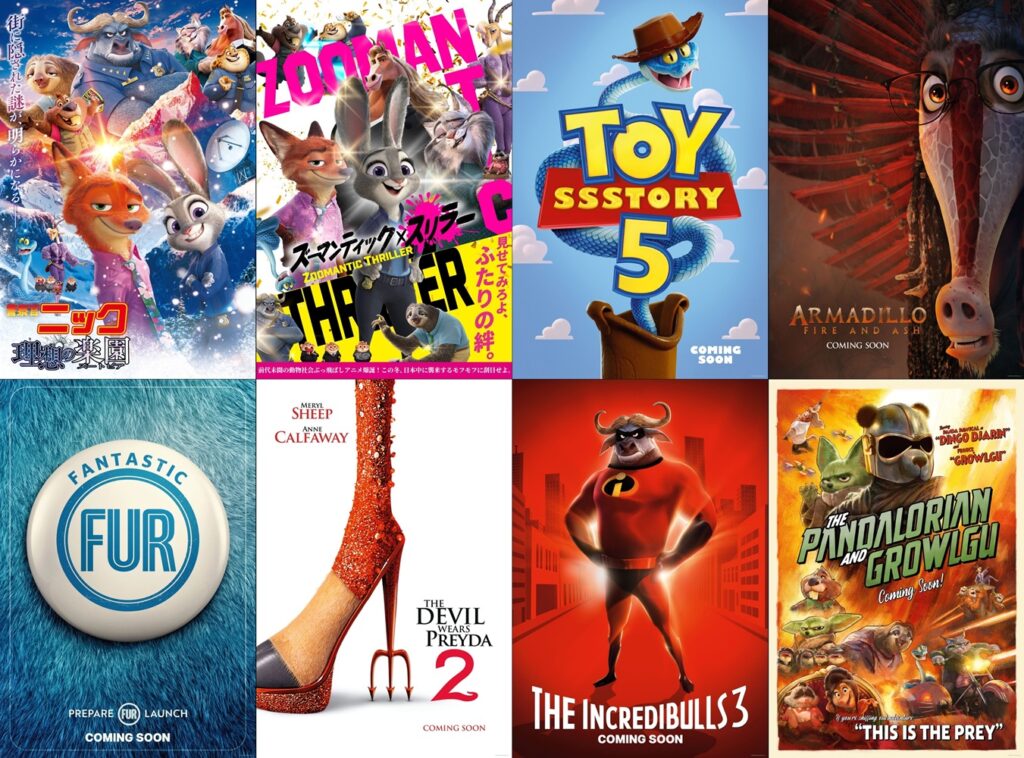 “ZOOHOシネマズ”がオープン!? 「ズートピア2」が有名作品をパロディしたポスター公開 プレミアムラージフォーマット上映も決定 - 映画.com