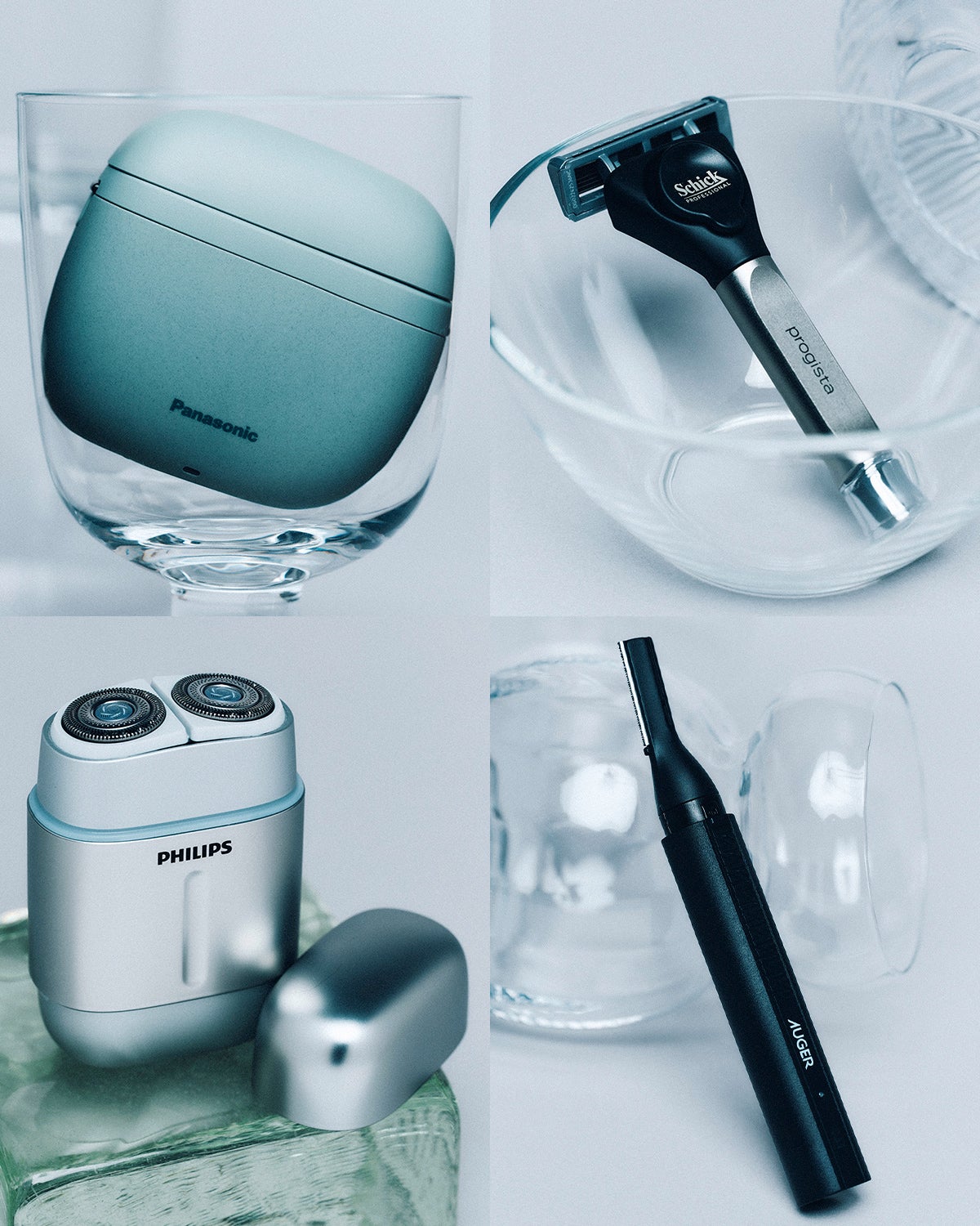 プロジスタの6枚刃シェーバーホルダー（刃付き)、パナソニックのラムダッシュ パームイン LITE ES-P330U、AUGERの電動フェイス＆ノーズトリマー、フィリップスのShaver 700 Series　電動コンパクトシェーバー