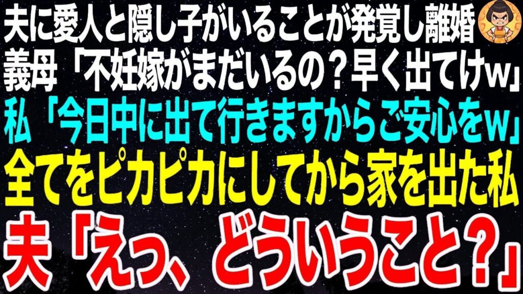 【スカッと】  夫に愛人と隠し子がいることが発覚しついに離婚…義母「不妊嫁がまだいるの？孫を迎え~れいにして出て行きます」全てをピカピカにして家を出た私➡夫「えっ！？」