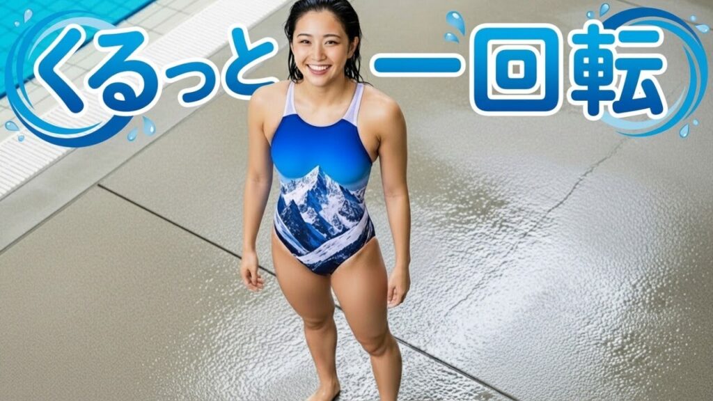 雪山柄の競泳水着でくるっと一回転する女子選手【AI動画】