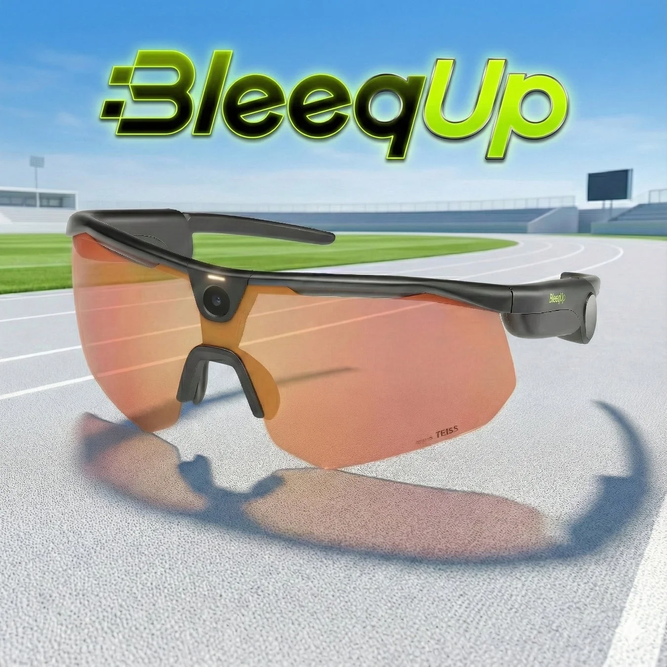 BleeqUp Rangerの本体画像。トラックに置かれたAIスポーツカメラグラス。