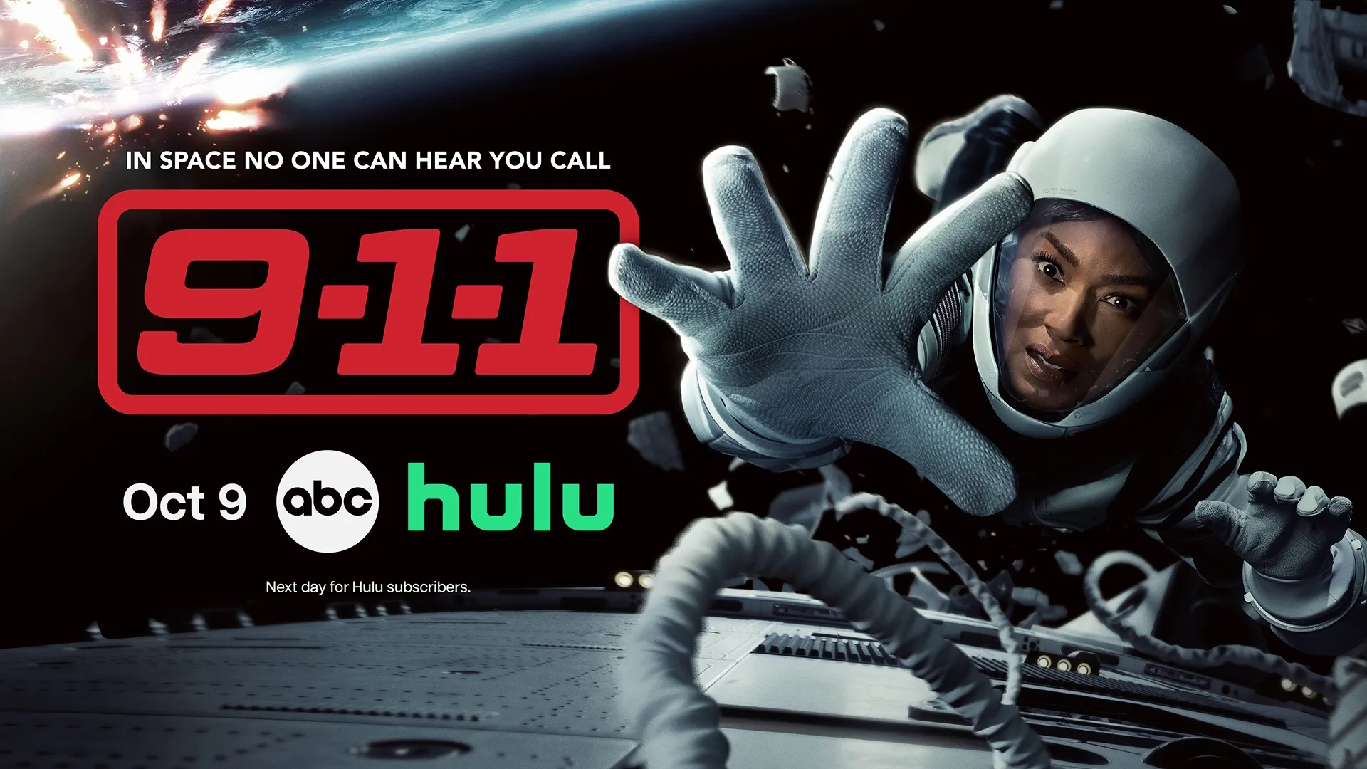 A promotional image for 9-1-1, featuring Howie Han (Kenneth Choi), Evan Buckley (Oliver Stark), Athena Grant (Angela Bassett), Maddie Kendall (Jennifer Love Hewitt), Bobby Nash (Peter Krause), Eddie Diaz (Ryan Guzman), and Henrietta Wilson (Aisha Hinds).