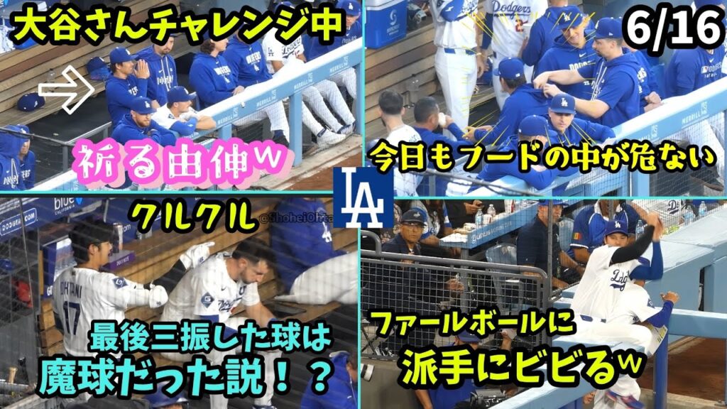 大谷さんチャレンジ中、祈る由伸😂大谷さん最後の三振にフレディ爆笑、ベンチざわつく𐤔あれは魔球だったのか?!今日もフードの中が危ない𐤔𐤔由伸スミスとキャンディ投げ合い🤣大谷さん決勝打の15号弾🚀✨ 大谷さんチャレンジ中、祈る由伸😂大谷さん最後の三振にフレディ爆笑、ベンチざわつく𐤔あれは魔球だったのか?!今日もフードの中が危ない𐤔𐤔由伸スミスとキャンディ投げ合い🤣大谷さん決勝打の15号弾🚀✨