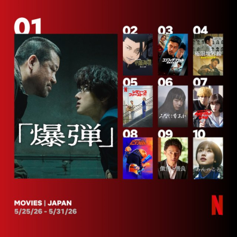 Netflix週間視聴ランキング（映画）：『爆弾』9週連続1位　グローバル1位の『レディース・ファースト?!』もランクイン【5/25/26 - 5/31/26】