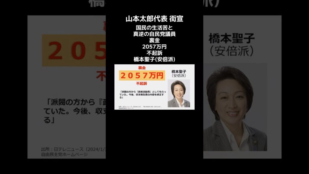 裏金 2057万円 不起訴橋本聖子（安倍派） #自民党 #裏金議員 #橋本聖子  #れいわ新選組 #山本太郎