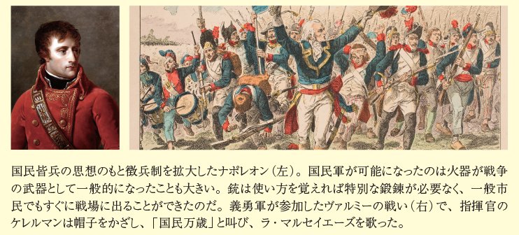 国民皆兵の思想のもと徴兵制を拡大したナポレオン（左）。国民軍が可能になったのは火器が戦争 の武器として一般的になったことも大きい。銃は使い方を覚えれば特別な鍛錬が必要なく、一般市 民でもすぐに戦場に出ることができたのだ。義勇軍が参加したヴァルミーの戦い（右）で、指揮官の ケレルマンは帽子をかざし、「国民万歳」と叫び、ラ・マルセイエーズを歌った。