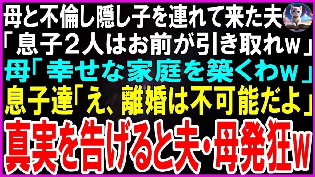 【スカッとする話】母と不倫し隠し子を連れて来た夫「息子２人はお前が引き取れw」母「幸せな家庭を築くわw」息子達「え、離婚は不可能だよ？」真実を告げると夫・母発狂w【修羅場】